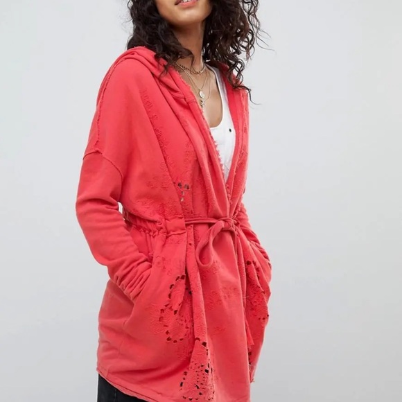 FREE PEOPLE SzS OH PRETTY DAZE EMBROIDERED HOODED KNIT CARDIGAN CORAL EUC - Picture 6 of 10
